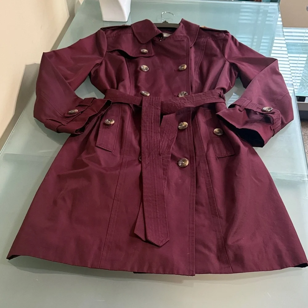 London Fog Women’s Trench Coat Size L Black Cherry | Removable Hood | Belted - Picture 2 of 11